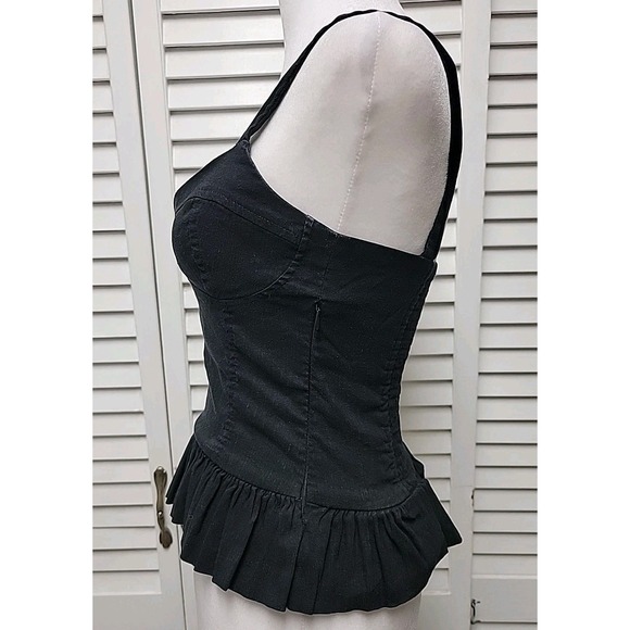 Zara SZ S Corset Top Black Cropped Ruffle Side Zip Elastic Back Linen Blend - Picture 2 of 8